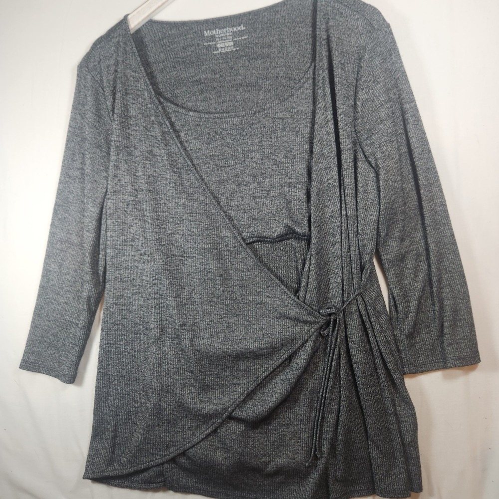 Motherhood Maternity Nursing Top XL Gray Wrap Side Tie Ribbed Knit 3/4 Sleeve